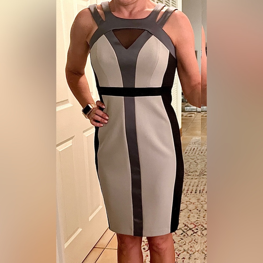 Gorgeous, very flattering JAX cocktail dress in shades of grey & black. Size 4